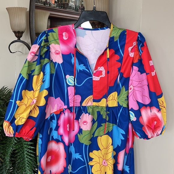 NWOT Colorful Floral Mini Dress Puff Sleeves Bow Tie Neckline Multicolored Mod - Picture 2 of 13